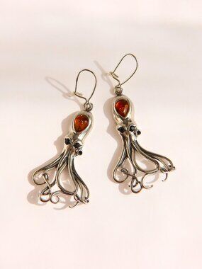 Baltic Amber Octopus Earrings in Sterling Silver